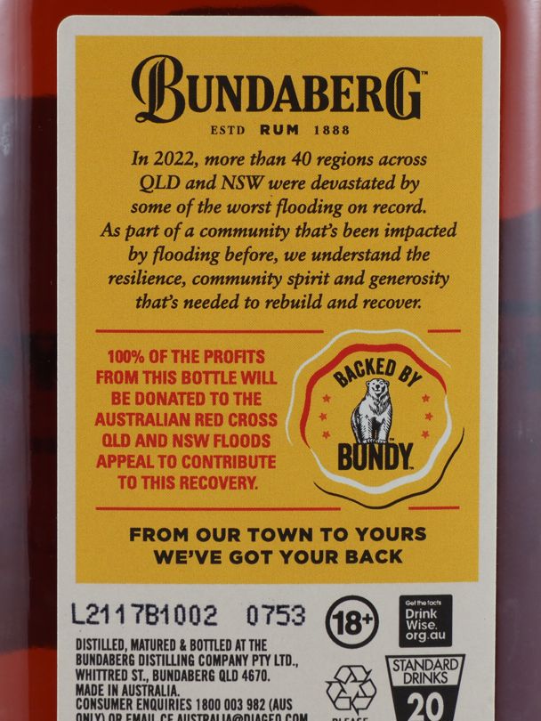 BUNDABERG From Our Town To Yours Moreton Bay Flood Recovery Rum 37% ABV NV