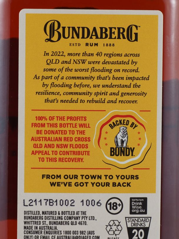 BUNDABERG From Our Town To Yours Richmond Flood Recovery Rum 37% ABV NV