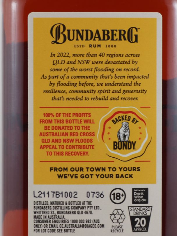 BUNDABERG From Our Town To Yours Somerset Flood Recovery Rum 37% ABV NV
