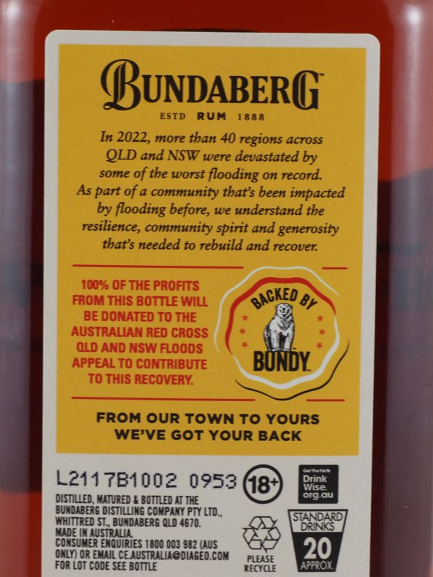 BUNDABERG From Our Town To Yours Greater Sydney Flood Recovery Rum 37% ABV NV