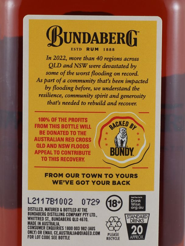 BUNDABERG From Our Town To Yours Sunshine Coast Flood Recovery Rum 37% ABV NV