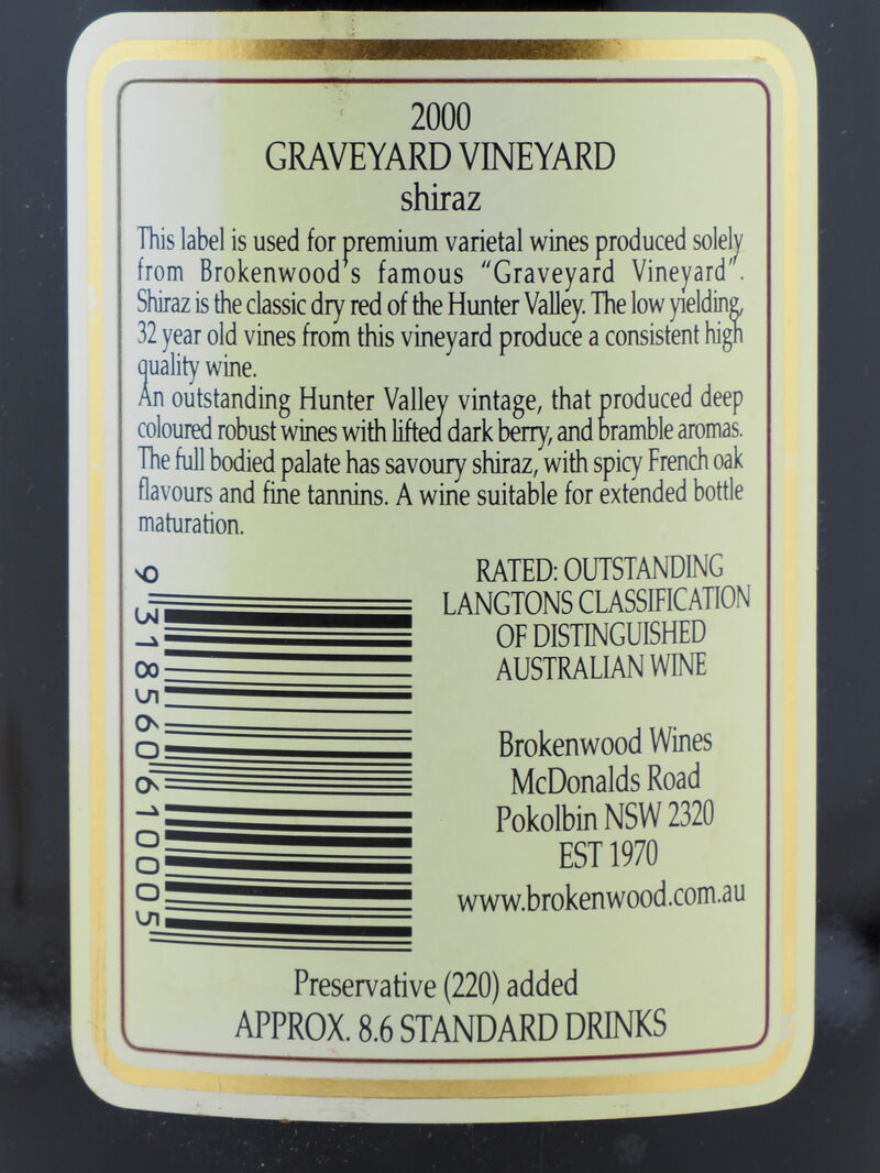 BROKENWOOD WINES Graveyard Vineyard Shiraz 2000