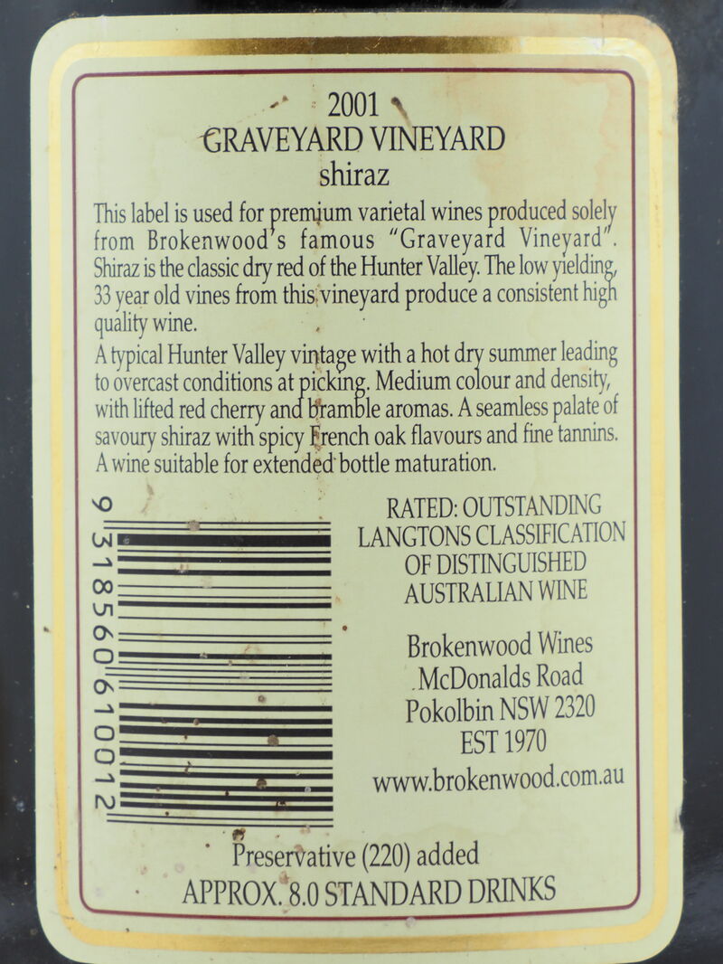 BROKENWOOD WINES Graveyard Vineyard Shiraz 2001