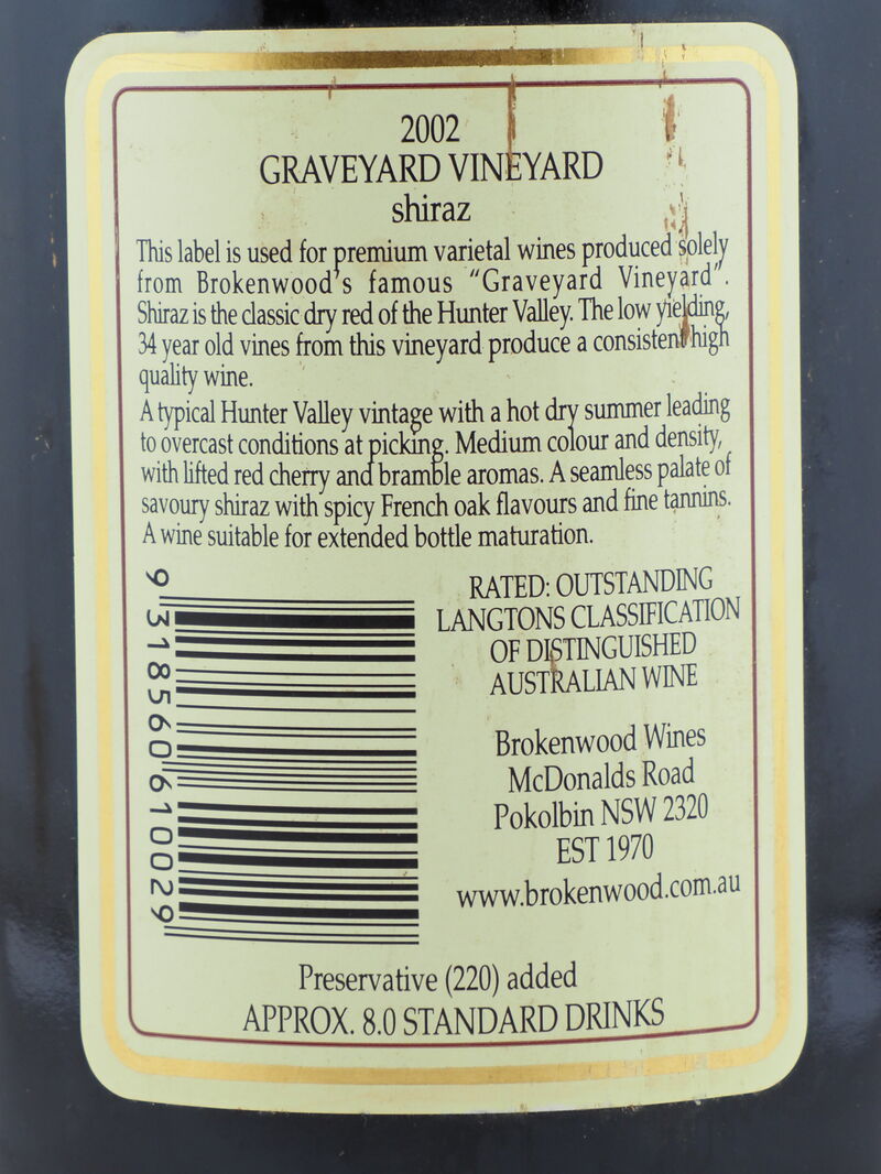 BROKENWOOD WINES Graveyard Vineyard Shiraz 2002
