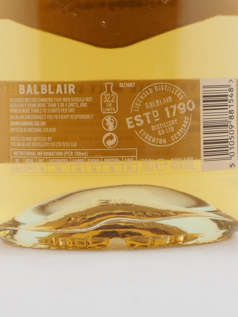 BALBLAIR 12 Year Old American Oak Single Malt Whisky 46% ABV NV