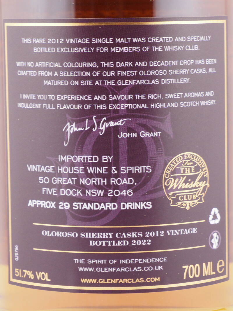 GLENFARCLAS 2012 Vintage Oloroso Sherry Casks Single Malt Whisky 51.7% ABV DS 2012