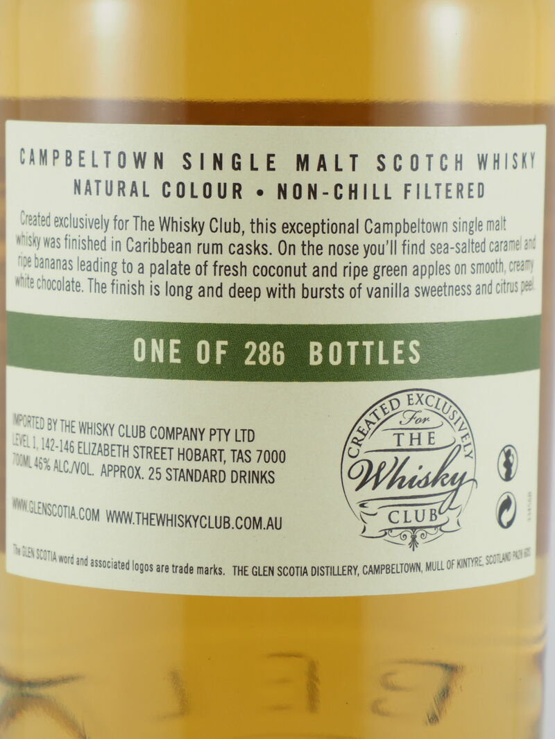 GLEN SCOTIA Caribbean Rum Cask Single Malt Scotch Whisky 46% ABV DS 2009