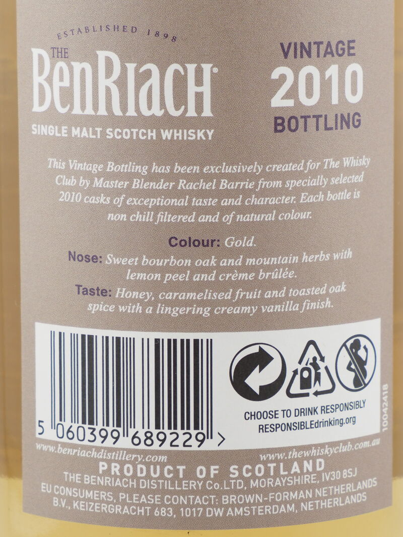 BENRIACH 2010 Vintage Bottling 9 Year Old Bourbon Cask Single Malt Whisky 46% ABV DS 2010
