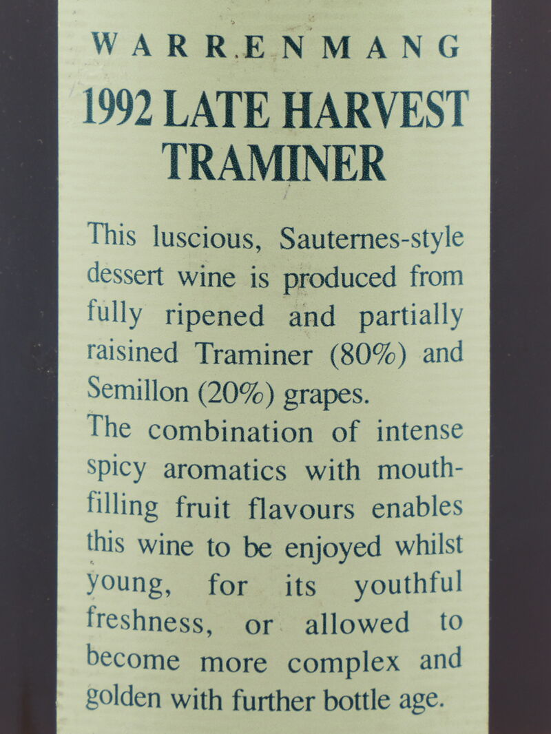 WARRENMANG Late Harvest Traminer 1992